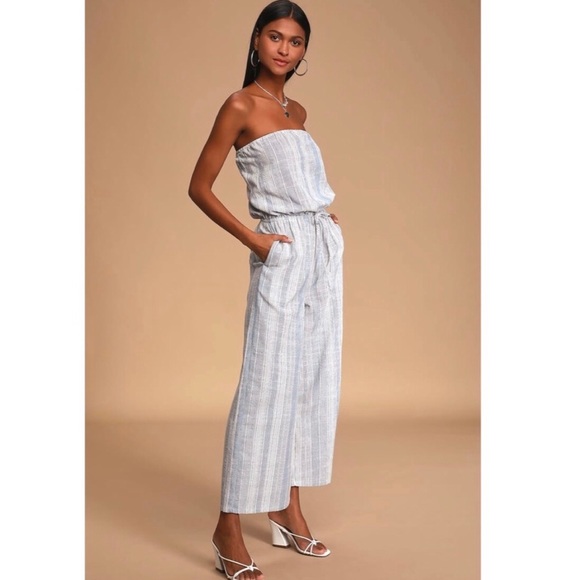 Lulus Pants - Lulus blue & white striped strapless jumpsuit summer beach vacation travel S